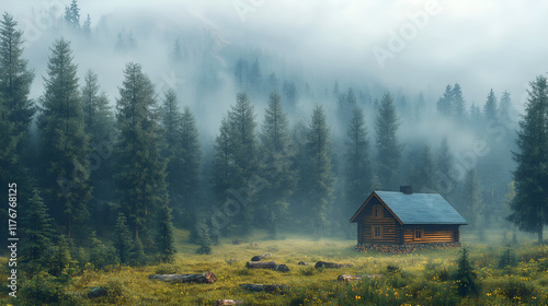 Cozy Cabin in the Mist: A Peaceful and Serene Winter Wonderland photo