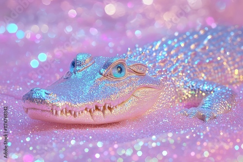 A pastel-colored crocodile shines amid a dreamy backdrop, offering a unique contrast of textures and colors that evoke a sense of wonder and creativity. photo