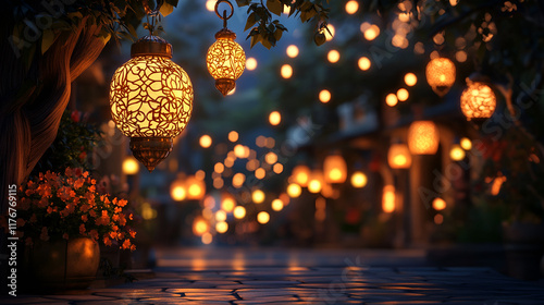 Twinkling Lanterns: A Magical Outdoor Setting for Evening Gatherings photo