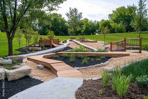 Inclusive playground design focused on nature-based elements community park landscape architecture natural environment outdoor viewpoint child-centric concept photo