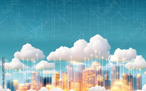 Digital Illustration of an Urban Skyline with City Lights Featuring the Cloud Computing and Data Technology Symbol on Top #1176770755