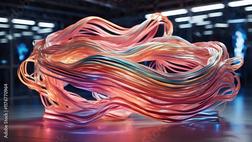 A 3D installation of intertwined neon gradient ribbons floating in weightlessness, each ribbon subtly shimmering with chromatic aberrations