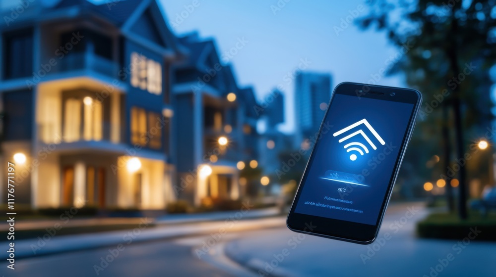 Naklejka premium Smartphone Displaying Wi-Fi Connection Icon Near Modern Houses in Evening Urban Setting