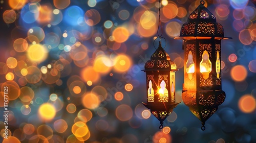 Ramadan lanterns against a backdrop of bokeh lights at night background of ramadan mubarak photo