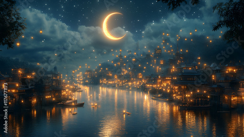 Crescent Moon Over Cityscape: A Serene and Tranquil Nighttime Scene photo