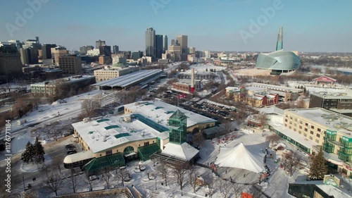 The Forks Market in winter with skating rink, Winnipeg, MB, 4K aerial footage