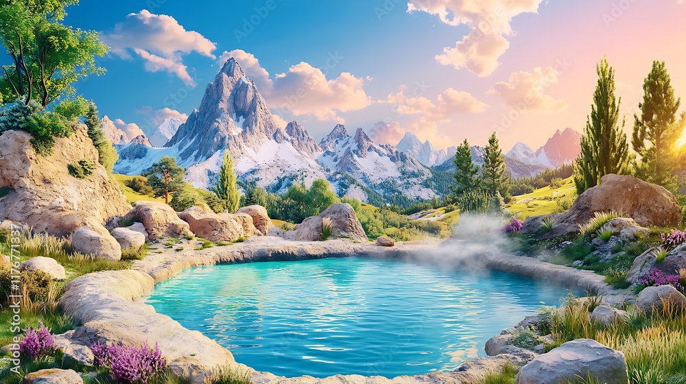 Deep Relaxation Therapy, Breathtaking Scenic Mountain Therapy Setting with Hot Springs, Surrounded by Lush Greenery and Majestic Peaks Under a Vibrant Sky at Sunset Deep Relaxation Therapy, Breathtaking Scenic Mountain Therapy Setting with Hot Springs, Surrounded by Lush Greenery and Majestic Peaks Under a Vibrant Sky at Sunset