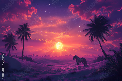 Desert Sunset: A Majestic Horse Silhouetted Against a Vibrant Sky photo