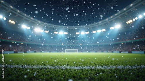 Football stadium background with flying snowflakes 