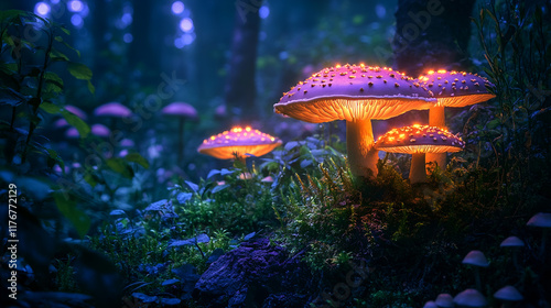 Luminous Forest: A Magical Scene with Glowing Mushrooms and Enchanted Light