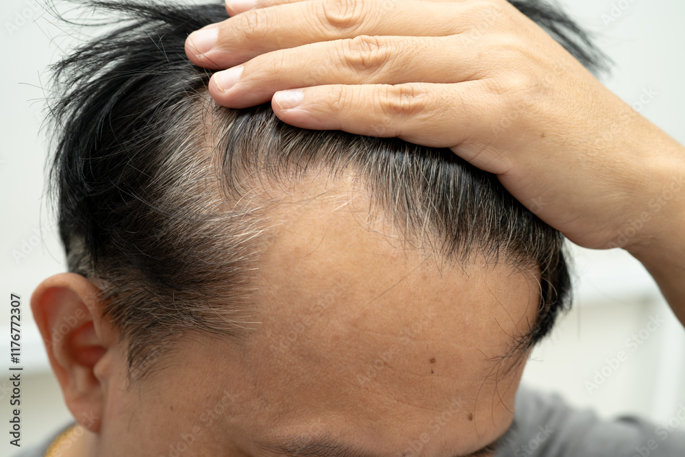 Obraz premium Bald head in man, hair loss treatment health problem.