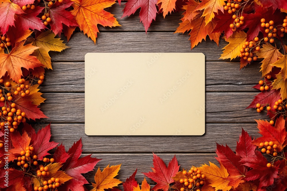 Obraz premium Blank card mockup surrounded by vibrant autumn leaves and orange berries on a rustic wooden background. Concept of seasonal design template. Ai generative