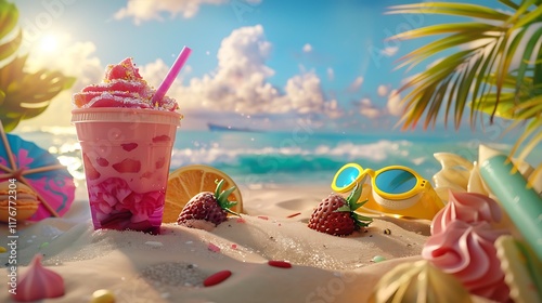 Scene at the beach with vibrant things cup dessert and goggles photo