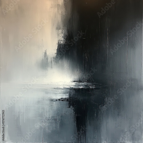 Abstract grayscale painting, textured, moody landscape.