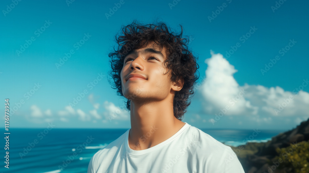 Young man enjoying serene ocean view coastal landscape lifestyle Young man enjoying serene ocean view coastal landscape lifestyle