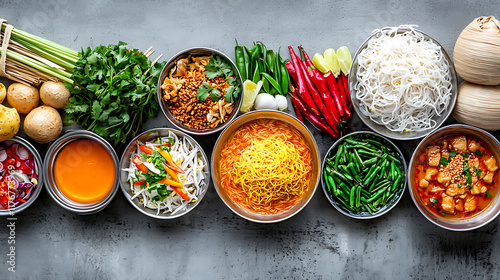 Fototapeta Naklejka Na Ścianę i Meble -  Culinary preparation traditional asian dishes kitchen counter food photography bright lighting top-down view gastronomy exploration