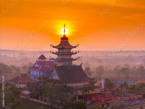 Aerial view of Buu Minh pagoda near Pleiku city, Gia Lai province, Vietnam. Morning views of pagoda and tea fields. photo