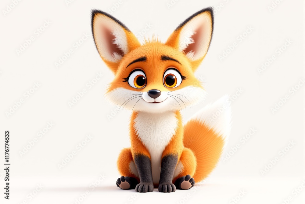 Obraz premium Cute cartoon-style fox with bright orange fur, big expressive eyes, and a fluffy tail sitting on a light background. Concept of innocence and charm. Ai generative