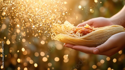 Magical tamale held in hands, golden light bokeh background. Delicious Mexican food, festive, celebratory.