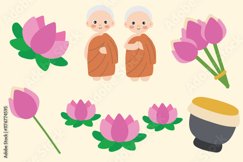 Cute Illustration of Buddhist Monks and Lotus Flowers