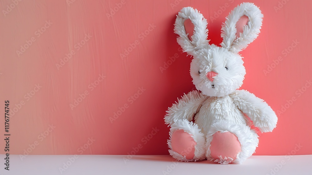 Fototapeta premium The soft toy bunny sits on a pink and salmon background