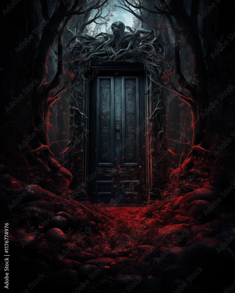 A wooden door in the deep forest A wooden door in the deep forest