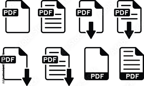Set of PDF file symbol icons. PDF format symbols and downloads in different styles. Vector illustration