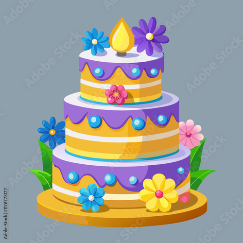 Three-Tiered Birthday Cake with Colorful Fondant Flowers and White Frosting - Photorealistic 3D Render