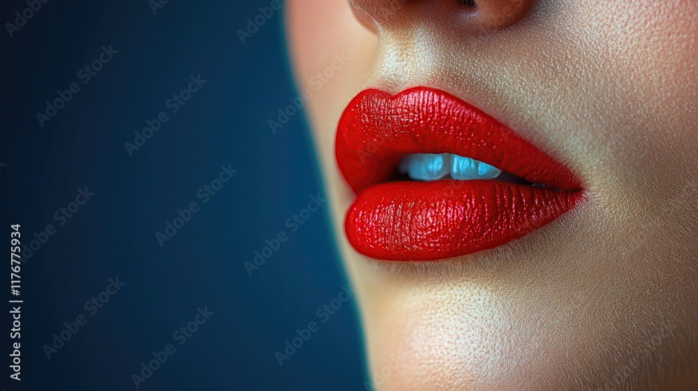 Close-up of red lips, beauty, skincare, dark background, cosmetics advertisement Close-up of red lips, beauty, skincare, dark background, cosmetics advertisement