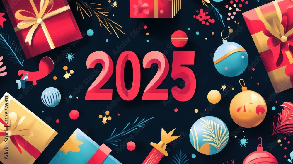 Obraz premium Festive 2025 New Year s Background Gifts Ornaments Celebration