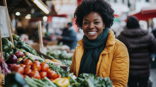 Smiling african female adult buyer at vibrant farmers market stall with fresh vegetables