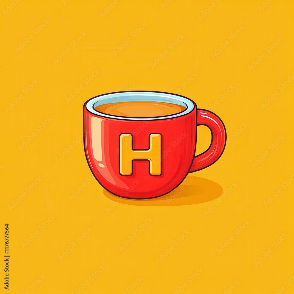 Red mug with letter H, filled with hot beverage on yellow background. Red mug with letter H, filled with hot beverage on yellow background.