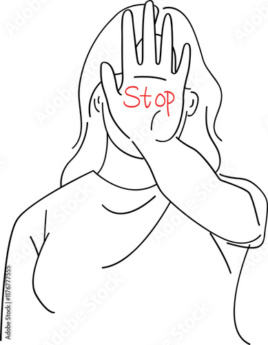 Minimalist Line Art of Woman Showing Stop Sign with Hand