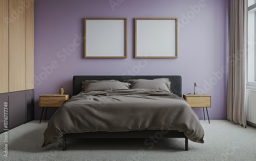 Modern bedroom interior with blank frames  purple wall  and wooden furniture.