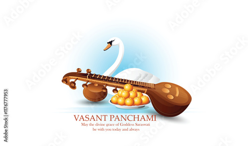 Illustration of Goddess Saraswati With Veena and Swan for Vasant Panchami