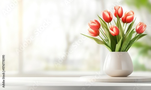 vase with bouquet of red tulips on coffee table, on blurred background of scandinavian cozy bright living room. Elegant home decor. Copy space for advertising and product demonstration.
