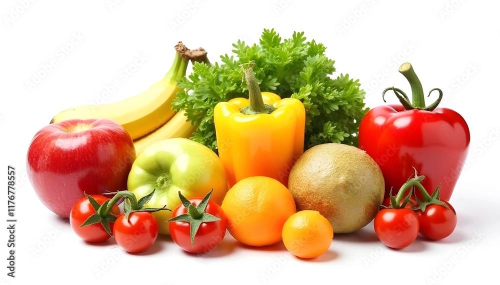 A set of fresh fruits and vegetables arranged as a healthy diet concept, isolated on white. A set of fresh fruits and vegetables arranged as a healthy diet concept, isolated on white.