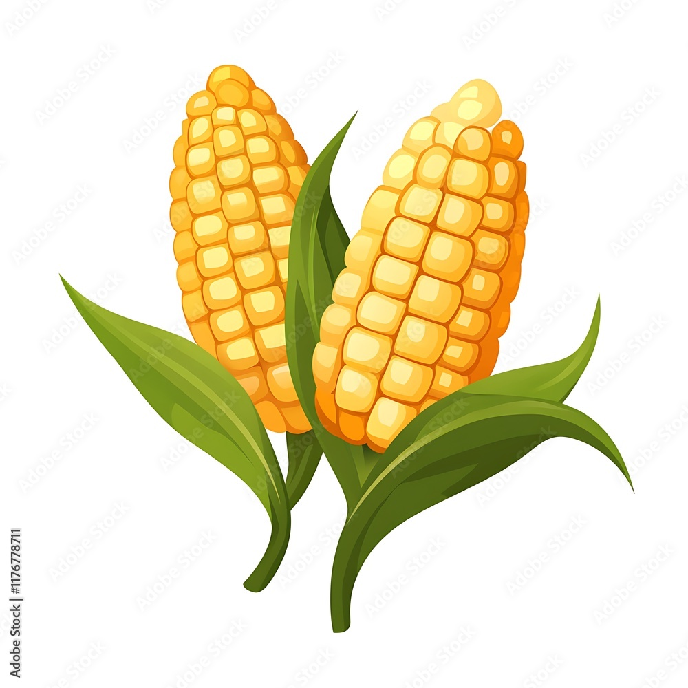 Obraz premium Isolated Yellow Corn Cobs with Green Leaves on White Background - Organic Vegetables