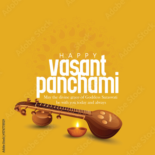 Illustration of Goddess Saraswati With Veena and Swan for Vasant Panchami