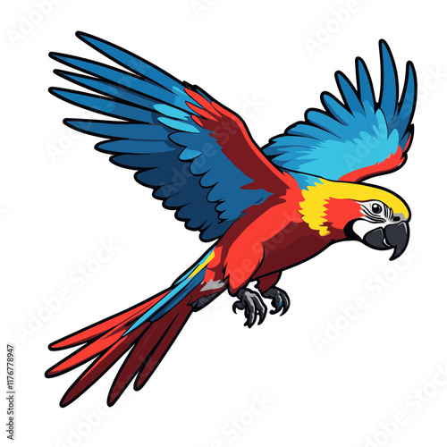 Colorful parrot flying mid air with spread out wings