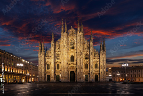 Milan Cathedral illuminated at night in Piazza Duomo, Milan, Italy