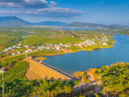 Aerial view of Bien Ho Che or Bien Ho tea fields, outside Pleiku city, Gia Lai province, Vietnam. Nature landscape, mountain and foggy far away. photo