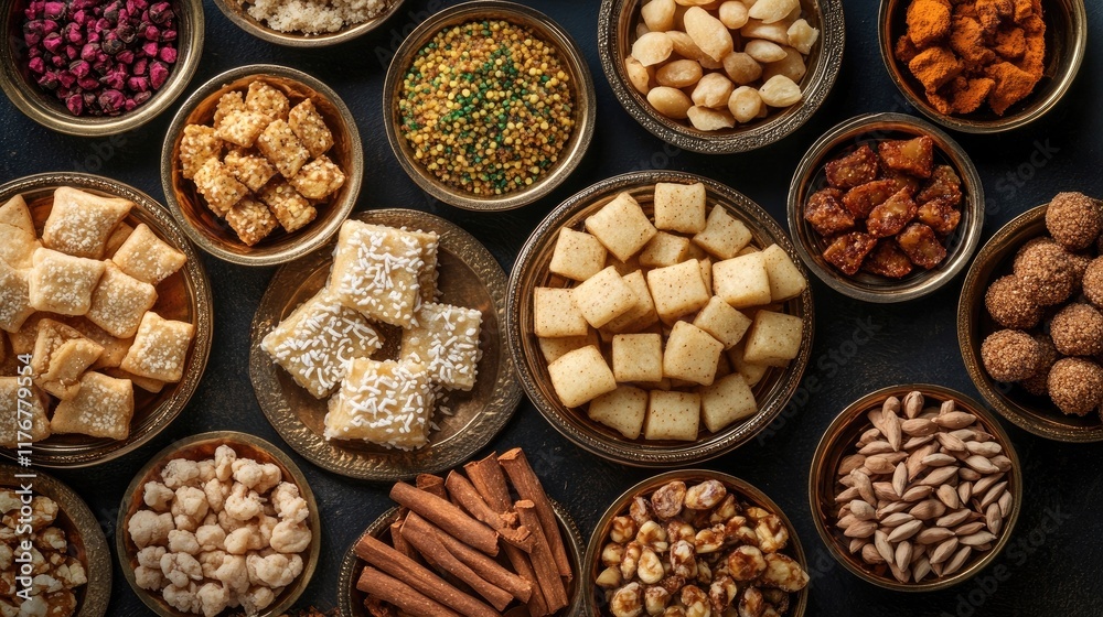 Traditional sweets like tilgul and chikki served in brass plates for Makar Sankranti Traditional sweets like tilgul and chikki served in brass plates for Makar Sankranti