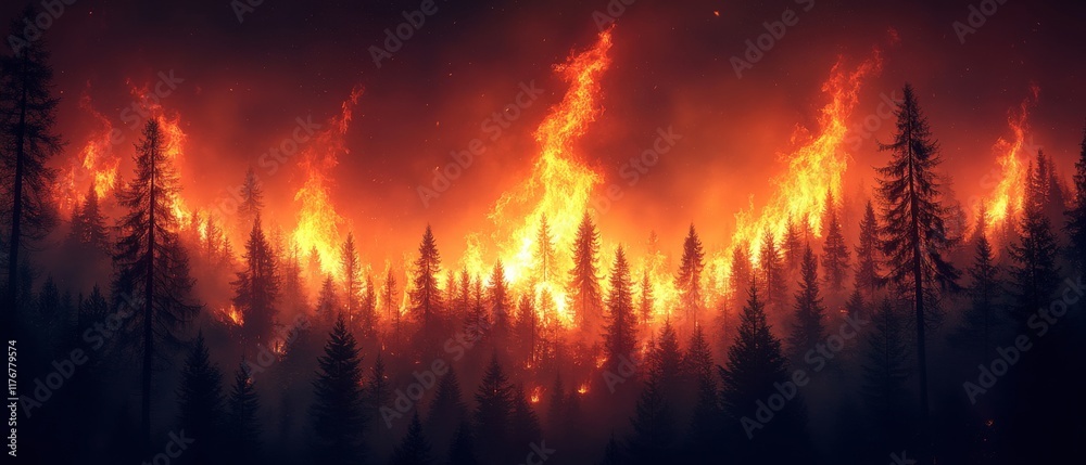Fiery inferno engulfing a dense pine forest at night; dramatic, intense wildfire scene. Fiery inferno engulfing a dense pine forest at night; dramatic, intense wildfire scene.