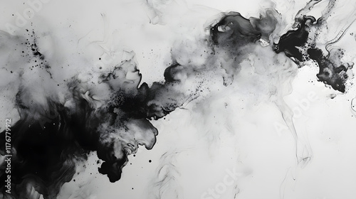 Ink wash ambiance, an abstract black and white with hints of copper details, fluid shapes, and a sense of motion.