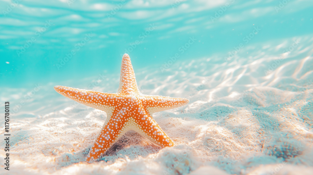 Underwater view of a starfish resting on sandy ocean floor Underwater view of a starfish resting on sandy ocean floor