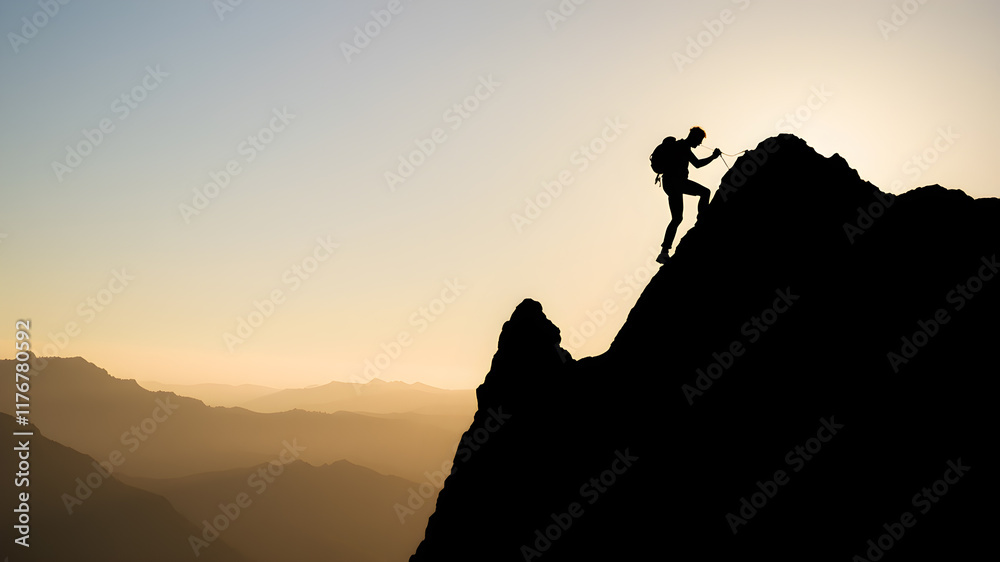 Fototapeta premium Silhouette of the climber who is climbing up the mountain against the ridge.&nbsp;Generative AI