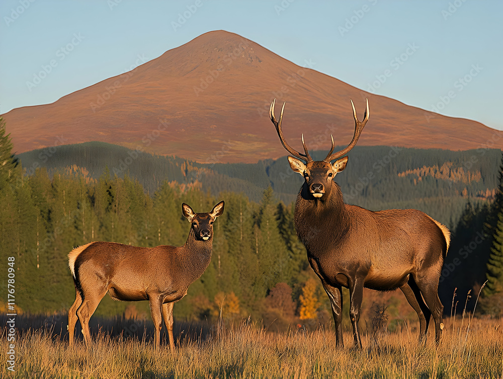 Majestic Red Deer in Highland Landscape Illustration Majestic Red Deer in Highland Landscape Illustration