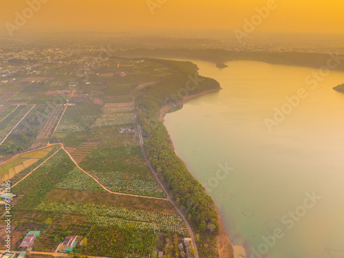 Aerial view of Bien Ho Che or Bien Ho tea fields, outside Pleiku city, Gia Lai province, Vietnam. Nature landscape, mountain and foggy far away. photo