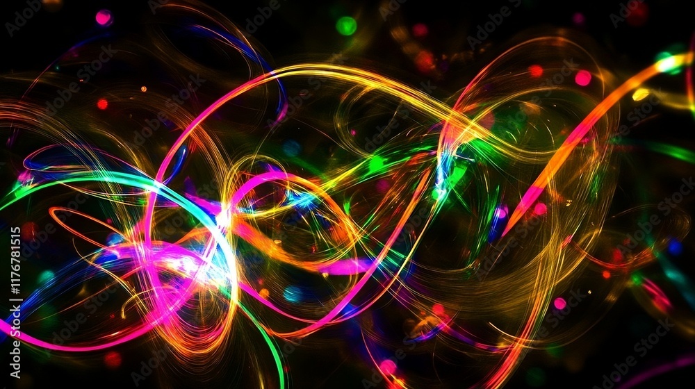 Dynamic abstract display of colorful light trails against a dark background, creating an energetic composition. Dynamic abstract display of colorful light trails against a dark background, creating an energetic composition.